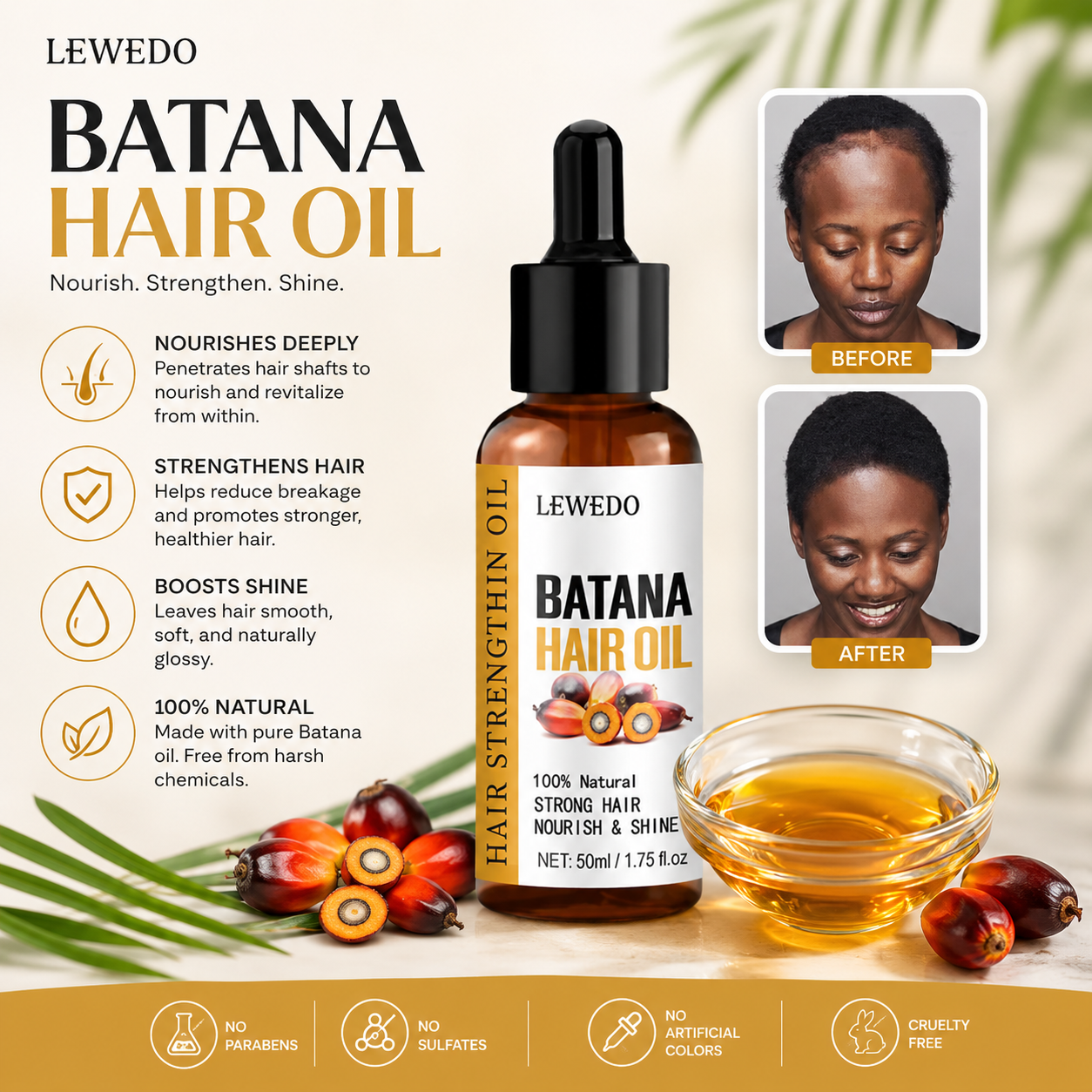 LEWEDO Batana Hair Oil – Hair Growth & Anti Hair Fall Oil with Rosemary & Castor Oil