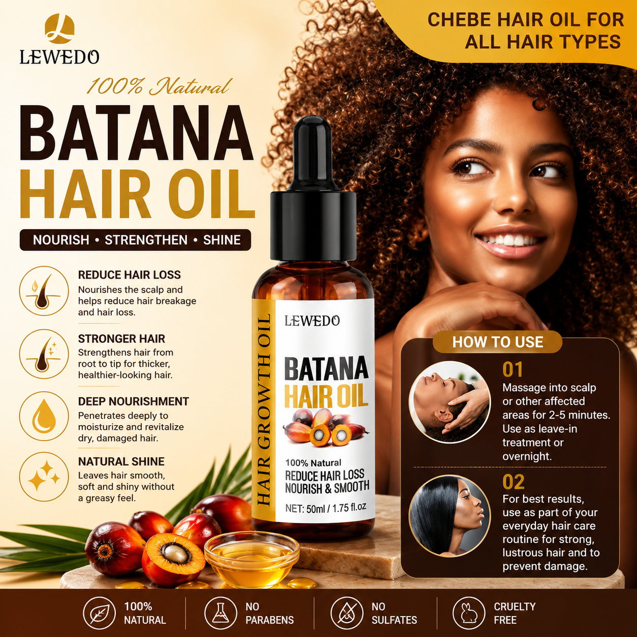LEWEDO Batana Hair Oil – Hair Growth & Anti Hair Fall Oil with Rosemary & Castor Oil