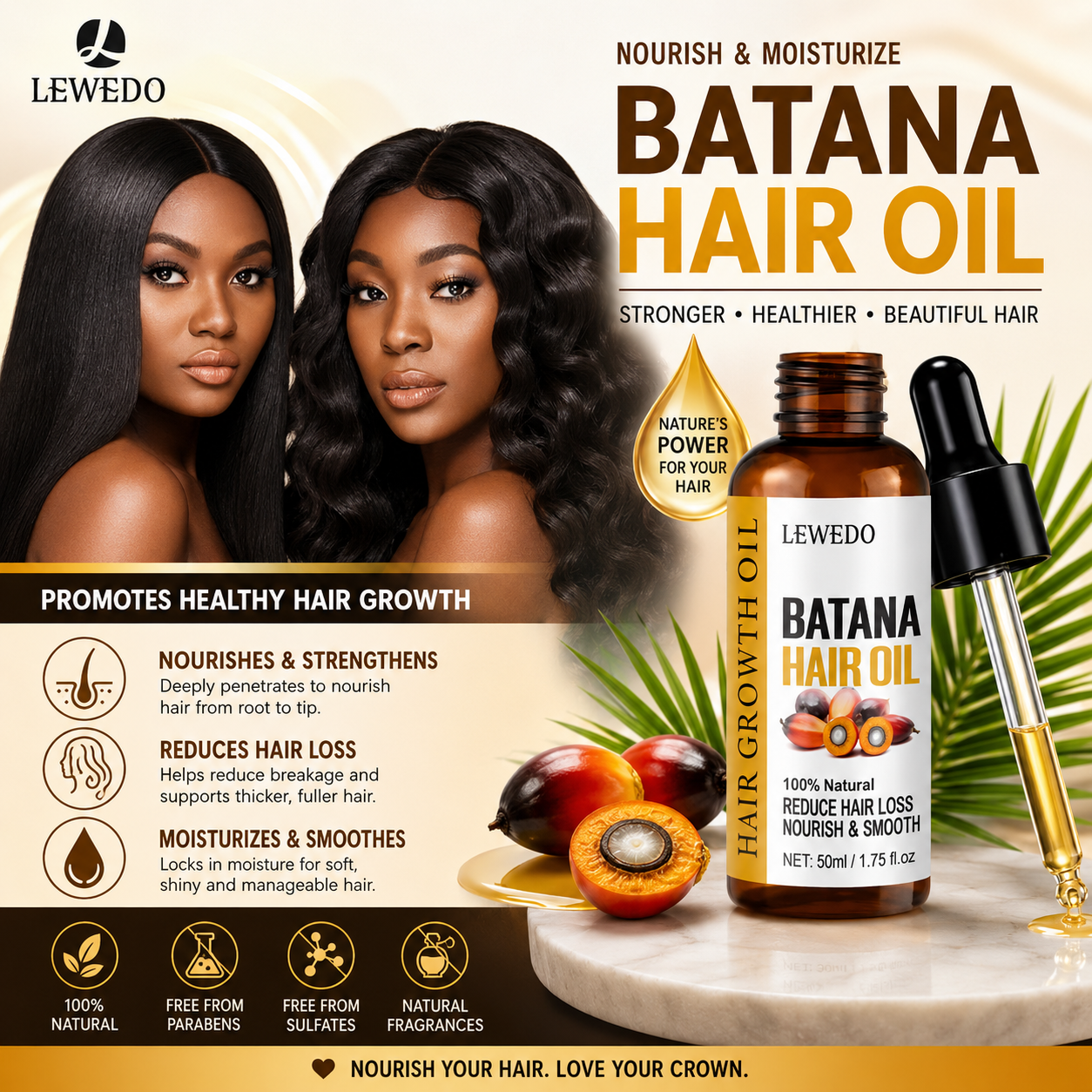 LEWEDO Batana Hair Oil – Hair Growth & Anti Hair Fall Oil with Rosemary & Castor Oil
