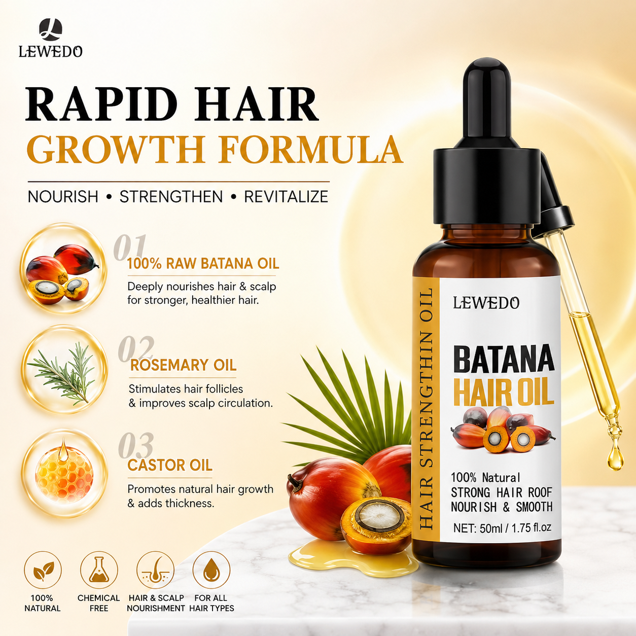 LEWEDO Batana Hair Oil – Hair Growth & Anti Hair Fall Oil with Rosemary & Castor Oil